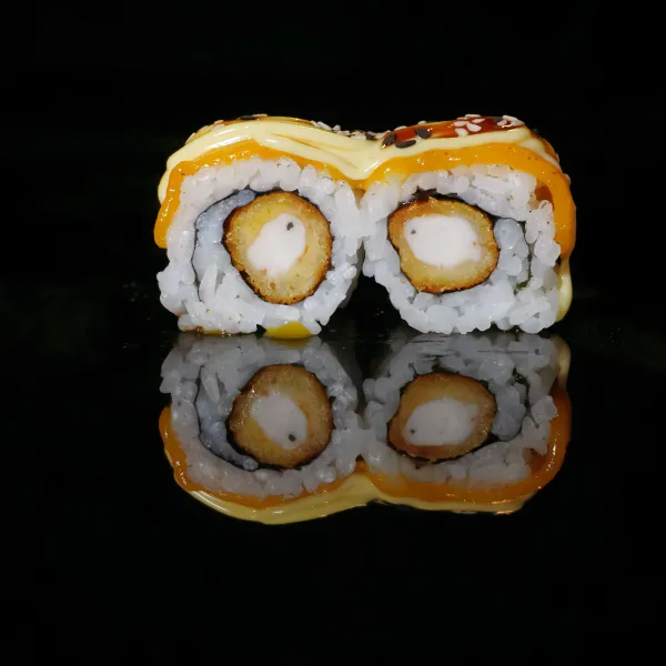 Langostinos tempura, cheddar, mayonesa, teriyaki, sésamo  (4u)